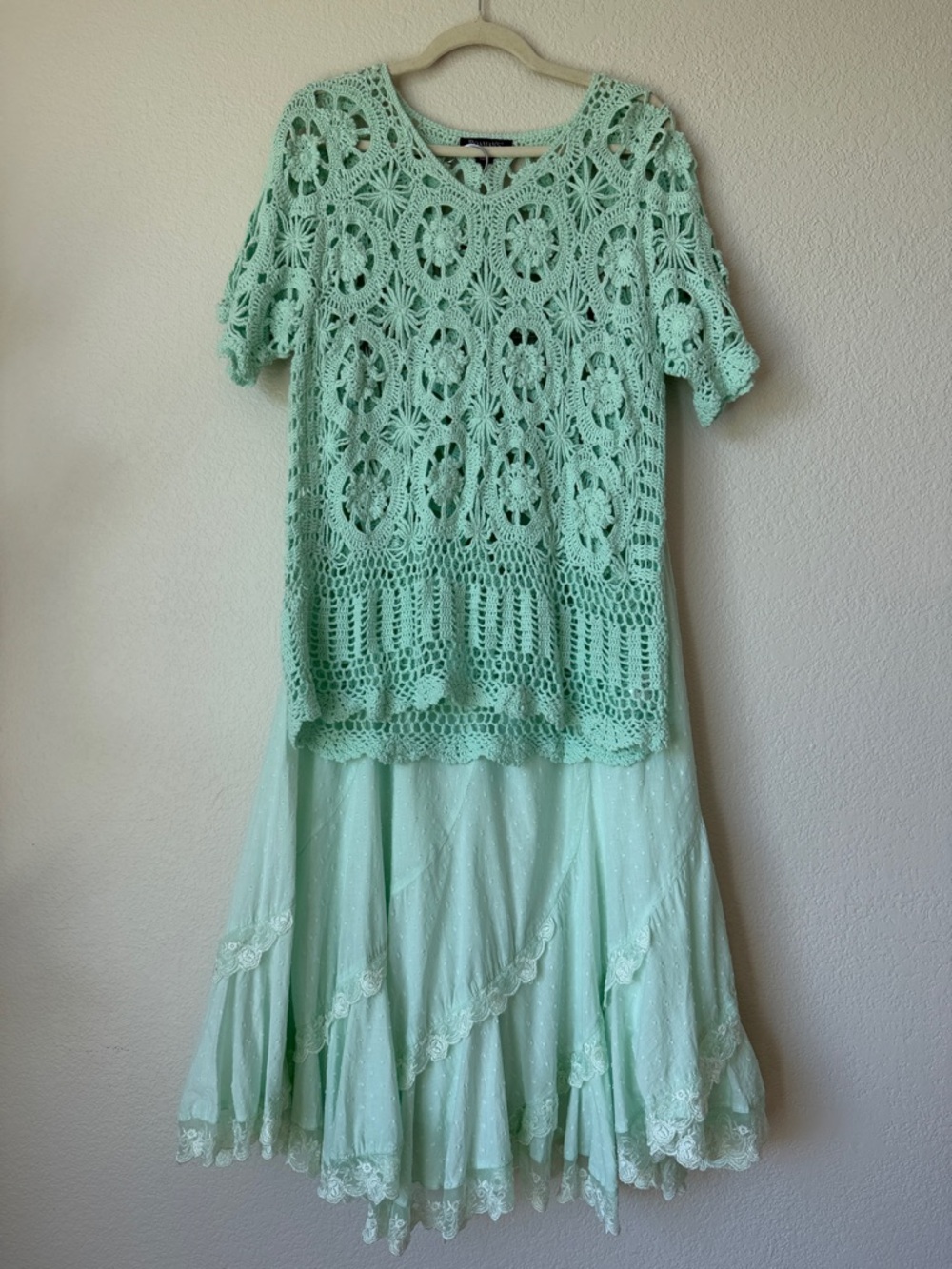 Roaman’s Mint Crochet Top Lace Maxi French Skirt Set Boho Cottagecore 12W